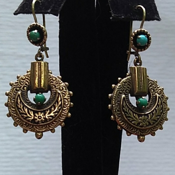 c.1800s VICTORIAN 14K Gold Turquoise Drop Earrings ANTIQUE - Picture 10 of 12